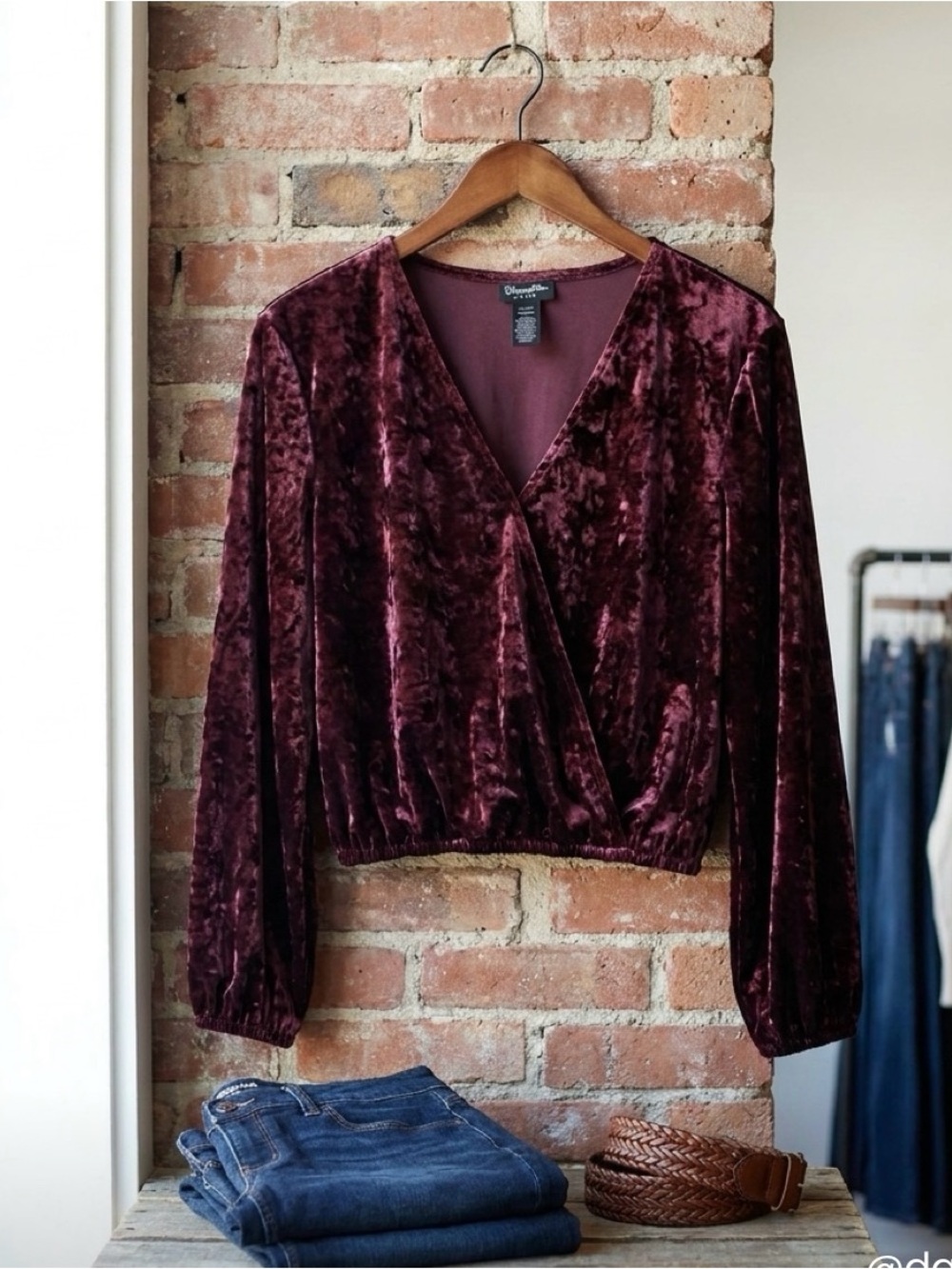Wrangler Burgundy Velvet Surplice Long-Sleeve Top